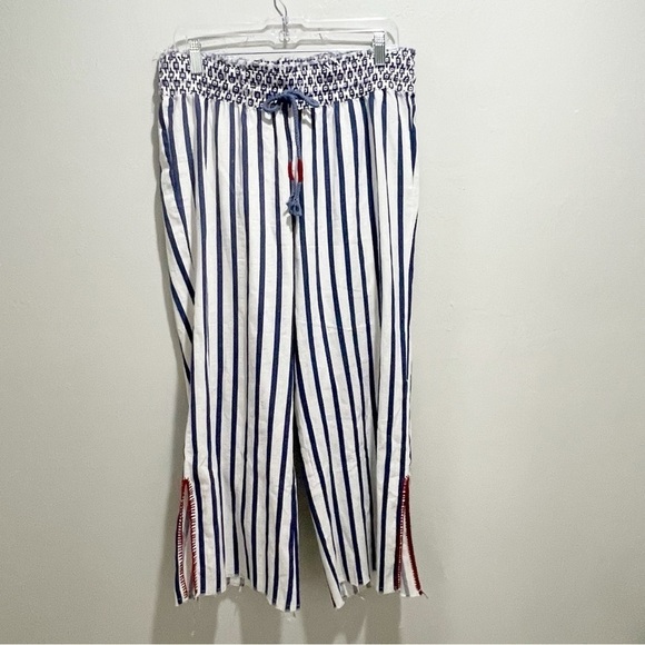 INDIGO REIN Women’s Blue White Striped Pull On Pants Red Embroidery Drawstring L - Picture 1 of 5